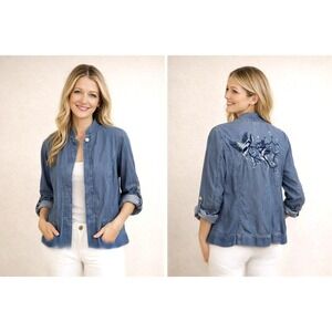 Chico's Women's Blue Denim Chambray Embroidered Birds Shirt Jacket Size S 8 Sz 1